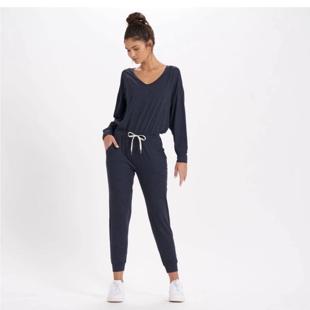 Vuori Lux Performance Jumpsuit Heather Blue Romper V Neck Long Sleeve Jogger S